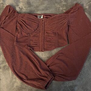 WINDSOR Shimmery Brown Corset Top w/ Front Clasps Lantern Sleeves